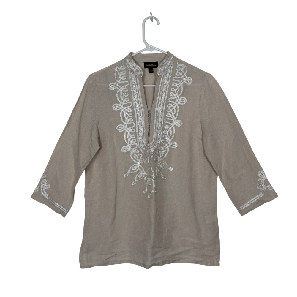 Indigo Moon Tunic Top Tan Embroidered Boho Sequin Earthy Blouse Hippie SMALL
